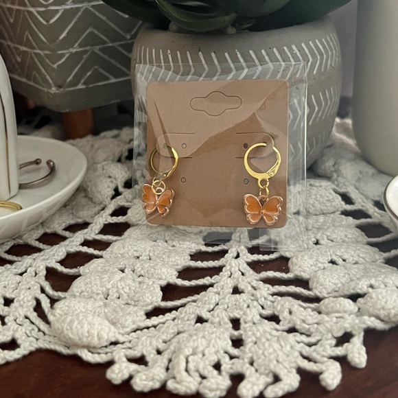 *3 for $20* Orange and Gold Enamel Butterfly Huggie Hoop Earrings - Picture 4 of 5
